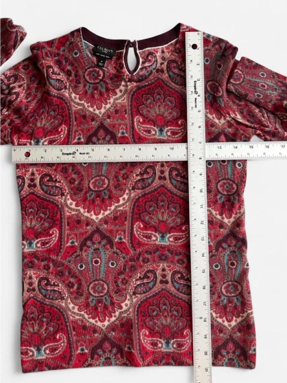 Talbots Petites Red Paisley Pure Merino Wool Lightweight Sweater - Picture 3 of 7